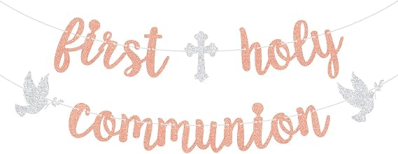 Goilpanitdia First Holy Communion Banner, God Bless, Mi Primera Comunion, Glittery Religious Baptism/Cofirmation/Wedding/Baby Shower/1st Birthday Party Decorations, Rose Gold & Silver