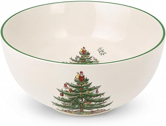 Spode Christmas Tree Large Round 10 Inch Bowl - Porcelain Serving Dish for Salad, Pasta, and Side Dishes - Iconic Holiday Design with Green Trim, Dishwasher, Microwave Safe - Festive Gatherings