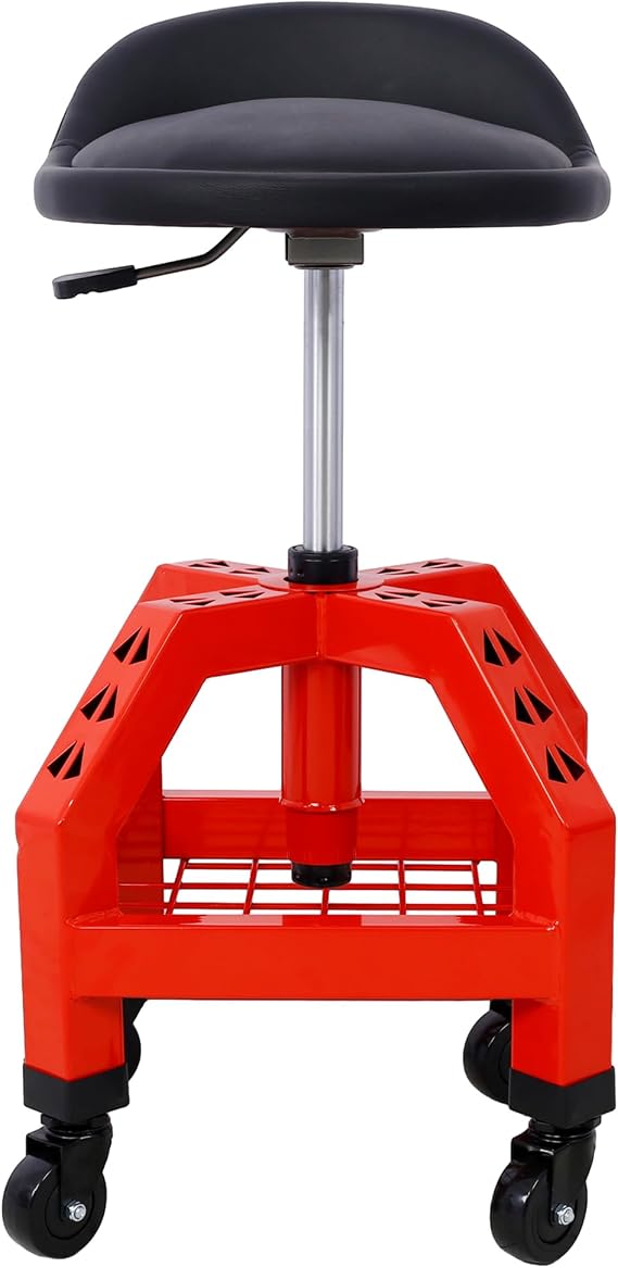 Campfun Rolling Shop Stool, Creeper Seat Garage Stool on Wheels, Mechanics Chair Adjustable Height 360 Swivel Shop Seat, Red