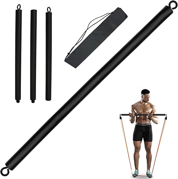 1m Resistance Band Bar Detachable 3 Sections Pilates Bar Heavy-duty Resistance Bar with Storage Bag for Home Gym Fitness Workout Equipment