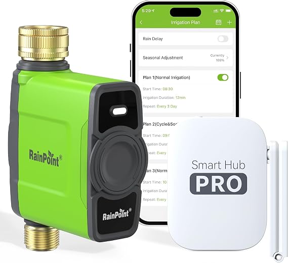 RAINPOINT WiFi Water Timer, Smart Irrigation Timer with Brass Inlet and Outlet, with Antenna Hub, Garden Hose Timer Weather Based Automatic Watering System for Garden/Lawn/Yard, 6 Schedules