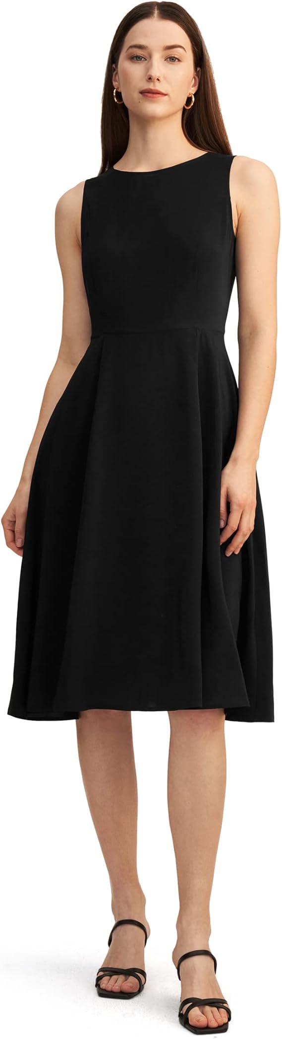 LilySilk 100% Silk Dress for Women Round Neck Sleeveless Little Black Dress Pleated Evening Party Long Ladies Elegant