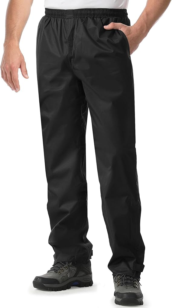 iCreek Men's Rain Pants Waterproof Breathable Lightweight Rain Over Pants | Windproof, Mesh Lining, Pants Leg Zipper, Hook & Loop, Suitable for Hiking, Fishing, Golf, Work and Daily Wear