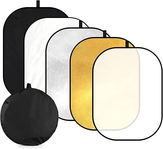 24"x36"/60x90cm Photography Light Reflector, 5-in-1 Collapsible Oval Multi Disc Diffuser with Carrying Bag-Gold, Silver, Black, White, Translucent for Studio Outdoor Lighting (24x36inch)