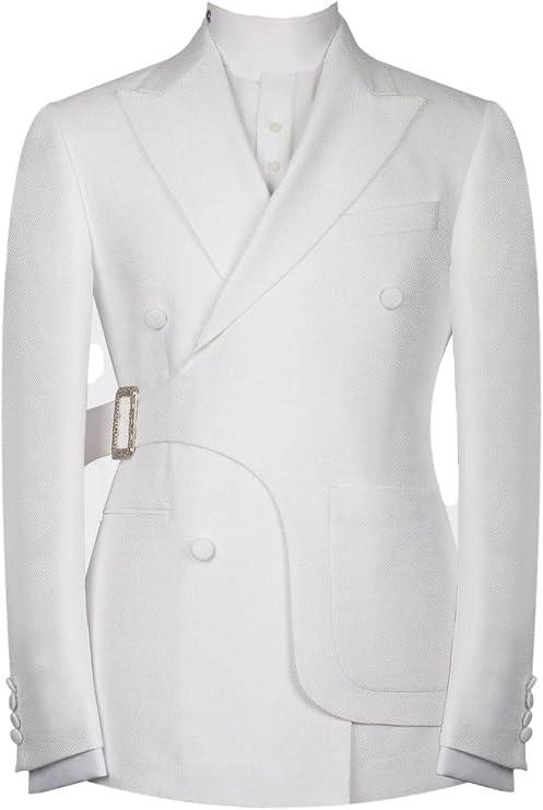 Elegant Men's Blazer with Metal Buckle Belt Peak Lapel Double Breasted Formal Prom Wedding Suit Jacket for Grooms