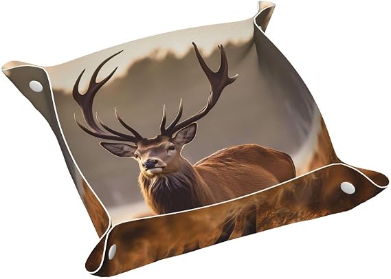 Autumn Grass Deer Faux Leather Jewelry Catchall Tray Trinket Dish, Fall Animal Valet Tray Portable Desk Organizers for Keys Wallet Watch-7.9X7.9 In