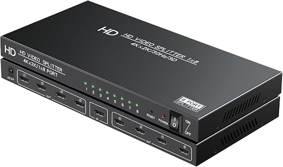4K HDMI Splitter 1 in 8 Out - 8 Port Powered HDMI Splitter - 1x8 hdmi splitters Multi Monitor Outputs, Supports 4Kx2K@30Hz 3D for Office/PS4/Projector/HDTV