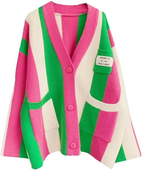 JASCLS Winter Long Sleeve Cable Knit Colour Block Boho Striped Pullover Cardigans Chunky Pullover Cardigans for Women