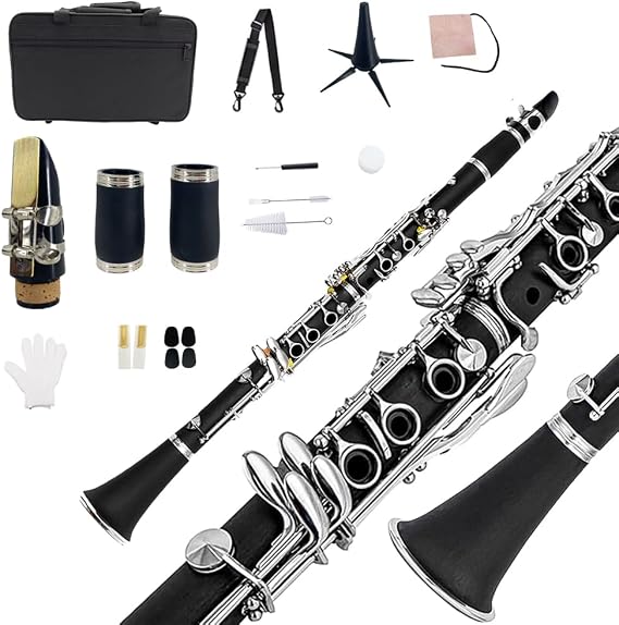 Yinfente Professional Ebonite Clarinete B flat Clarinet for Beginner Students with 2 Barrels Hard Case Cleaning Kit Mouthpice Cork Grease Gloves