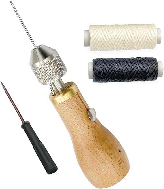 Professional Sewing Awl Hand Stitcher Repair Tool Kit for Leather and Heavy Fabrics with 2PCS Needles, 1PC Coil and Yarn/Threads