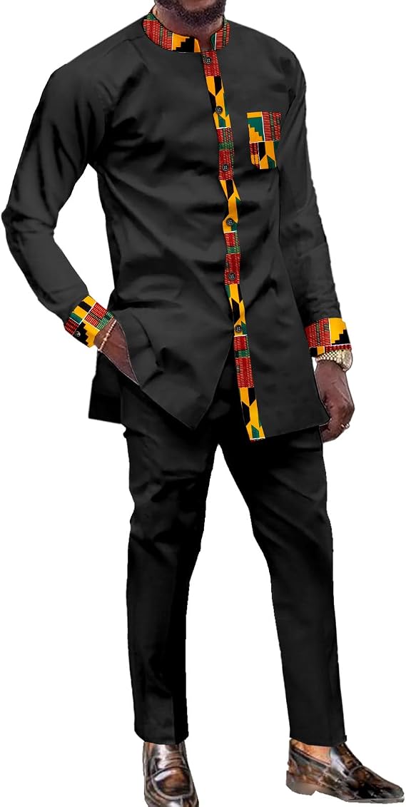 African Dashiki Suit for Men Kente Print Long Sleeve Outfit Clothing Shirts and Pants 2 Piece Traditional Attire