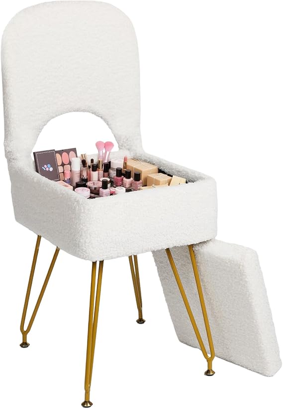 29.9" x 14.1" x 12.9" Small Vanity Stool Chair with Storage and Folding Back Faux Fur Soft Ottoman for Makeup 4 Metal Legs with Anti-Slip Feet Furry Seat for Bedroom, Living Room, White