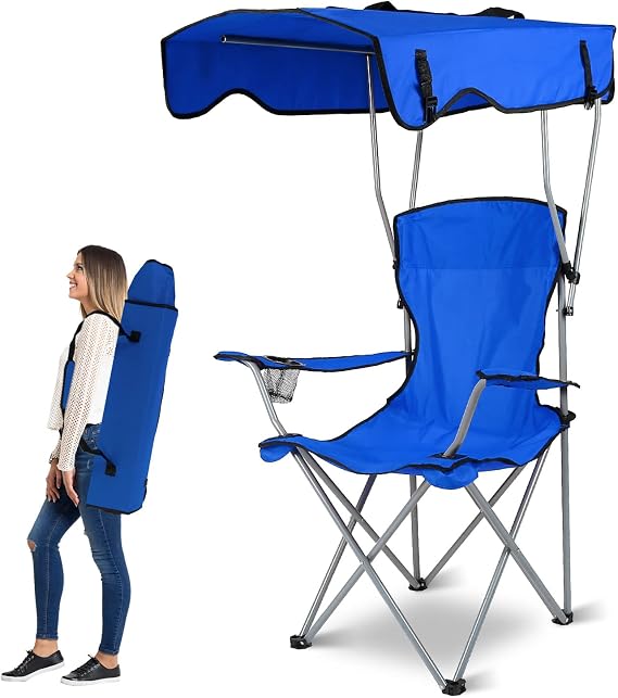 Moclever Folding Canopy Camp Chair Heavy Duty Beach Chair with Sun Protection, Cup Holder & Padded Armrests for Outdoor Camping, Lawn, Park, Patio (Blue)