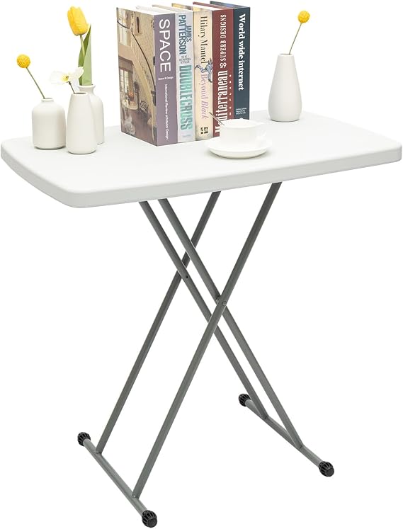 Small Folding Desk, White Computer Table Dining Laptop Tray, Adjustable Height Personal Laptop TV Tray with Steel Frame, Writing Computer Desk for Home Office