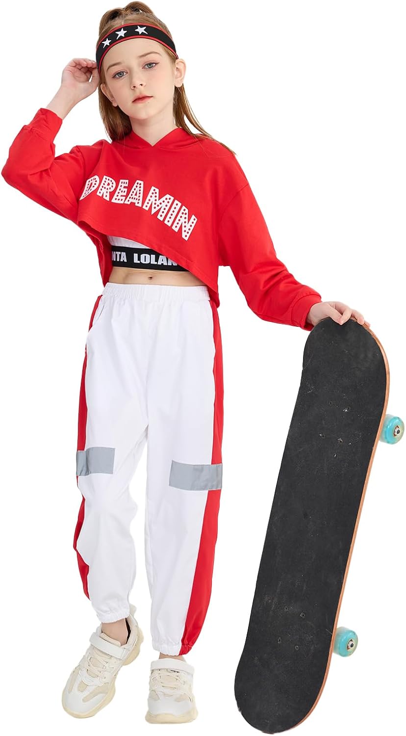 LOLANTA 3-Piece Girls Stylish Hip Hop Clothes, Kids Graphic Hoodie &amp; Trousers Clothes Set Match Cropped Tank Top, 6-15 Years