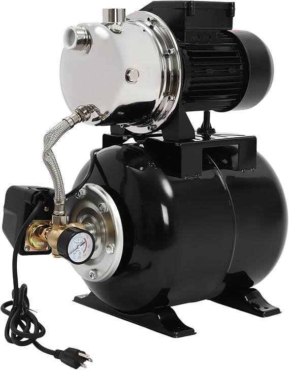 1HP Shallow Well Pump with Pressure Tank, 110V Irrigation Pump Garden Pump Stainless Steel Water Booster Jet Pump for Home Farm Lawn Irrigation Yard (Black)