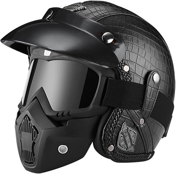 Motorcycle Open Face Helmet with Mask and Goggles Retro Jet Helmet with Removable Brim DOT Approved Adult Protective Helmet Half Cover Helmet for Men Women Cruiser Chopper