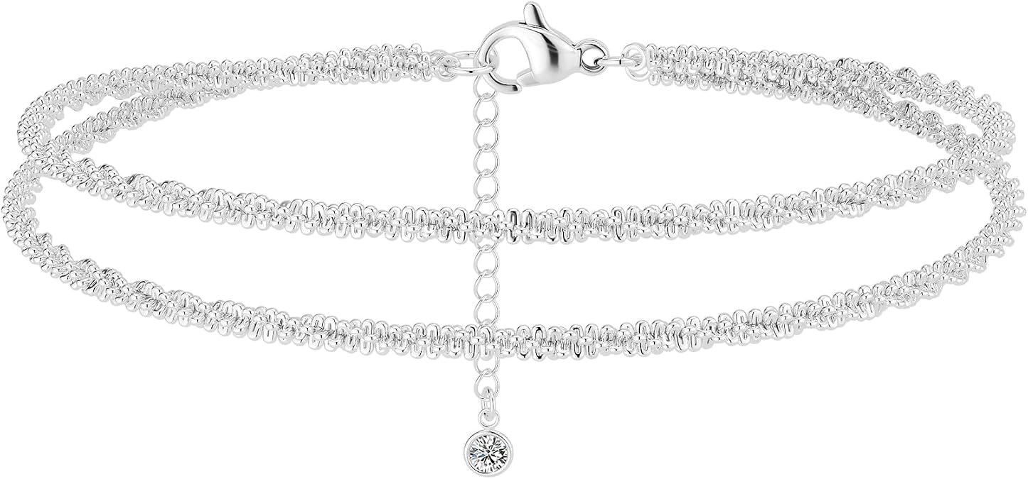 Ankle Bracelets for Women, Silver Layered Glitter Waterproof Anklet for Women 14K Gold Plated Anklets Sterling Silver Layered Moon Pendant Anklet Summer Beach Waterproof Anklet for Women