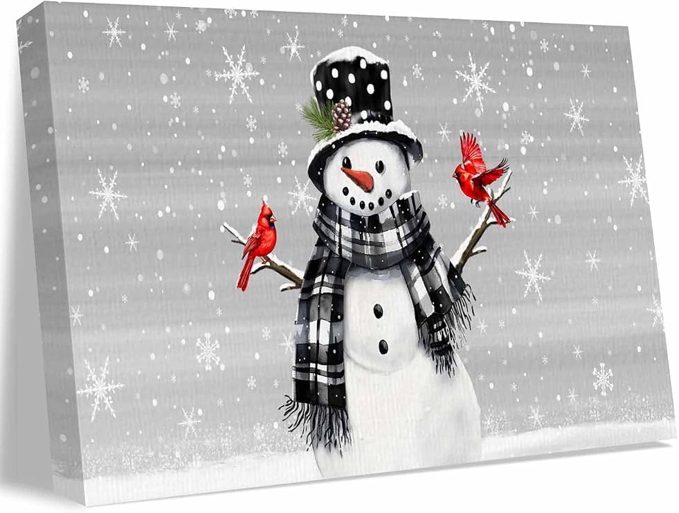 Canvas Wall Art - Merry Christmas Snowman Cardinal on Grey Framed Wall Decor Canvas Painting Prints,Winter Falling Snow Picture Oil Painting Artwork for Bedroom Living Room Office 20"x40"