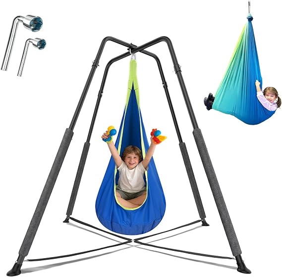 Sensory Swing Set with 2 Interchangeable Swings & X-Shaped Stand(Blue)