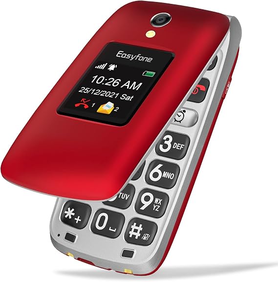 Easyfone Prime-A1 Pro Unlocked 4G Flip Cell Phone for Seniors, Easy-to-Use Big Button Clear Sound Big Battery Flip Phone with SOS Button & Charging Dock (Red)