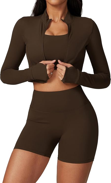 Workout Sets for Women 3 Piece High Waisted Seamless Shorts Crop Top Jacket Gym Yoga Outfit Stretchy Sports Bra Sets