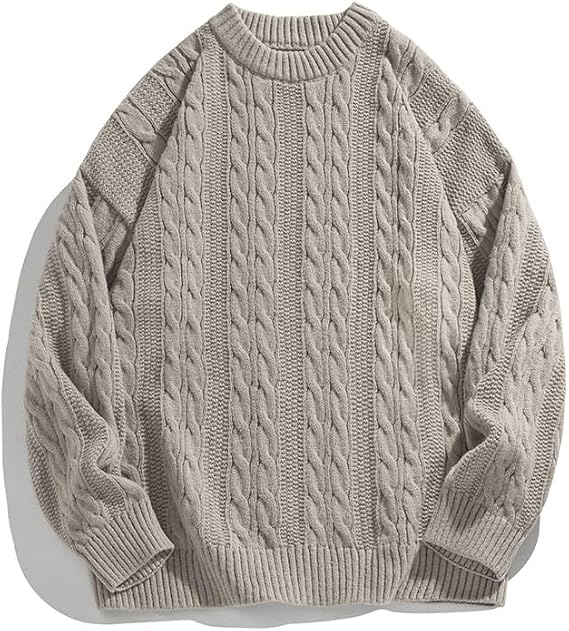 POHADON Mens Vintage Cable Knit Sweater Vintage Chunky Crewneck Long Sleeve Oversized Pullover 2026 Fall Winter Sweatshirts