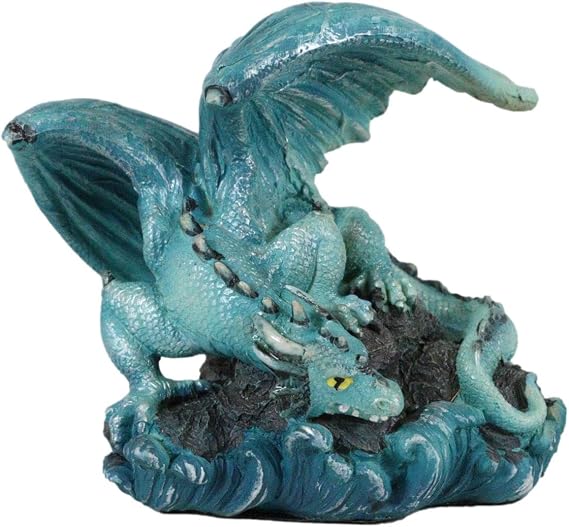 Ebros Gift Small Aqua Blue Whimsical Dragon On Ocean Rock with Waves Figurine 3.75" Long Fantasy Prehistoric Dungeons and Dragons Old World Collectible Figurine