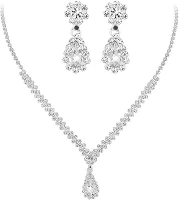 Jewelry Sets for Women, Silver Jewelry Set for Women Rhinestone Crystal Necklace Drop Earrings Link Bangle Bracelet, Bridal Jewelry Set Luxurious and High-end Accessories White 2pcs