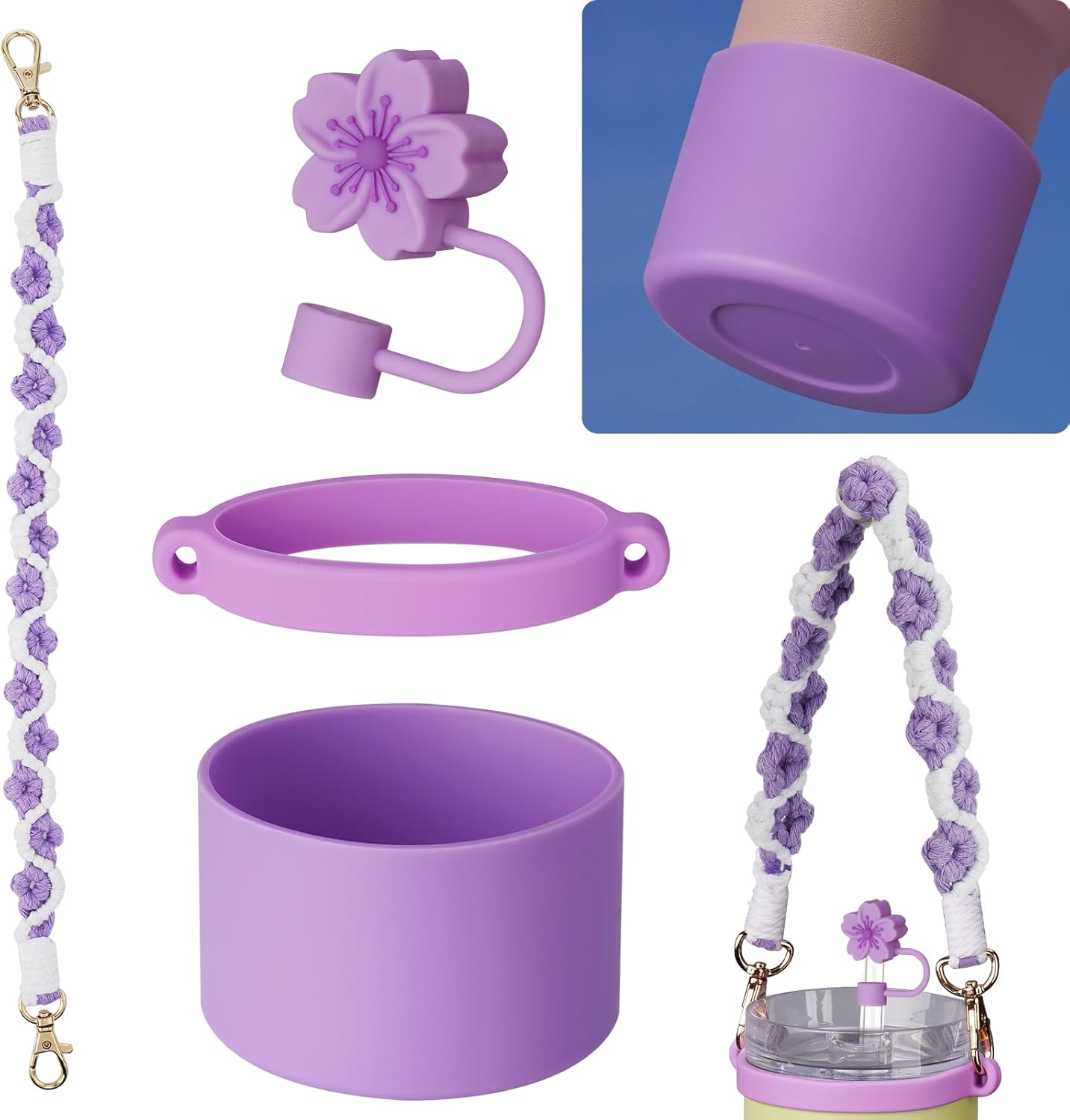 NiHome Accessory Kit for 14oz Stanley Tumbler, Includes Handwoven Handle Strap, Silicone Ring, Silicone Straw Cap and Silicone Boot for Everyday Use, Stylish Design with Enhanced Security Purple