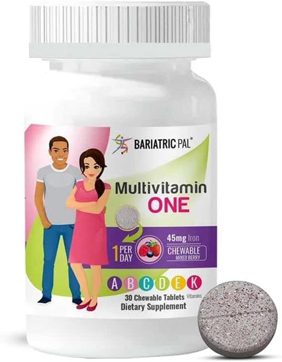 BariatricPal Multivitamin ONE 1 per Day! Bariatric Multivitamin Chewable with 45mg Iron - Mixed Berry (30 Count)