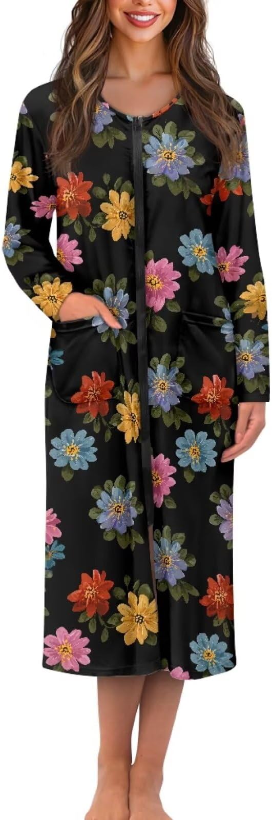House Dresses for Women Breathable Women Zipper Robes Knit Long Sleeve Sleep Dress Duster Lounger Robe with Pockets
