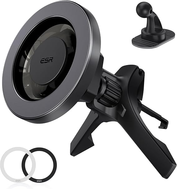 ESR for MagSafe Car Mount, Car Phone Holder for iPhone 17-12,Samsung/Google | Magnetic Phone Holder for Air Vent/Dashboard, for All Smartphones(2 Metal Rings Included), Charging Not Supported, Black