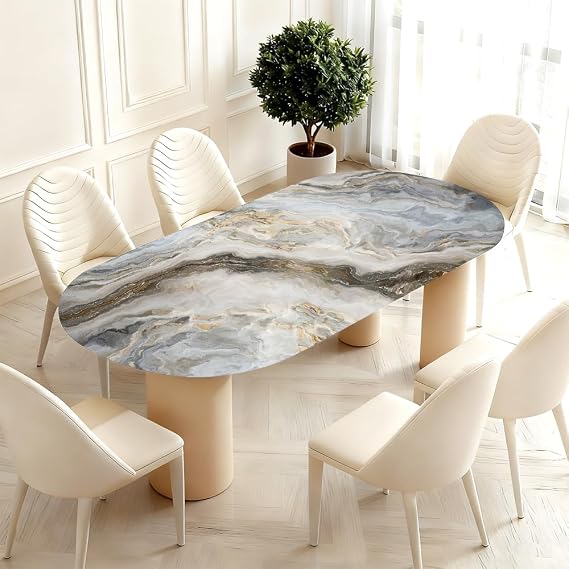 JCETUNO Table Cover for Home Elastic Edged White Marble Pattern Abstract Texture and Background Oval Fitted Tablecloths for Outdoor Indoor Dining Party, Fits 48"x80" Oval Tables, Style 4