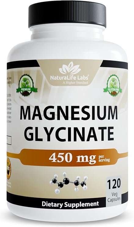 NaturaLife Labs Magnesium Glycinate - 450 mg per Serving 120 Vegan Capsules - Non-GMO, Gluten-Free, Vegan