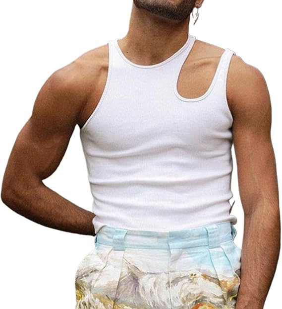 Men's Cut Out Asymmetrical Neck Tank Top Sleeveless Muscle Gym Bodybuilding Fitness T Shirts
