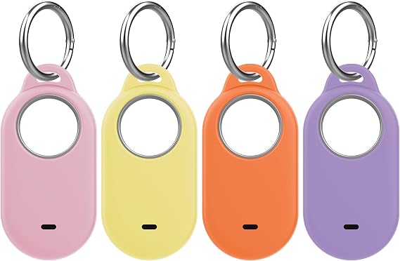 4 Pack Case for Samsung Galaxy SmartTag2, Silicone Protective Holder Compatible with Galaxy Smart Tag 2 with Keychain for Pets, Keys, Luggage, Backpacks, Wallet (Pink/Purple/Yellow/Orange)