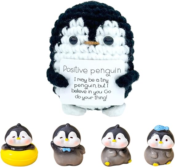 5 PCS positive penguin Set，Includes 1 knitted penguin plush toy and 4 penguin figurines, Emotional Support Gifts for Friends and Family, Crochet Knitted Penguin Doll with Mini Penguin Figures