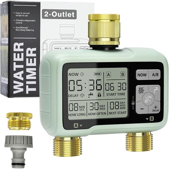 Johgee Sprinkler Timer 2 Zone with Brass Inlet &amp; Outlet, Water Timer for Garden Hose Faucet 2 Outlet, Programmable Water Hose Timers Irrigation System Controller, Auto &amp; Manual Mode, Rain Delay
