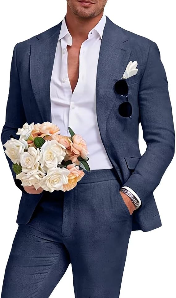 Beige Men's Linen Suit 2 Piece Slim Fit Summer Beach Wedding Dress Prom Party Suit Blazer Jacket and Pants