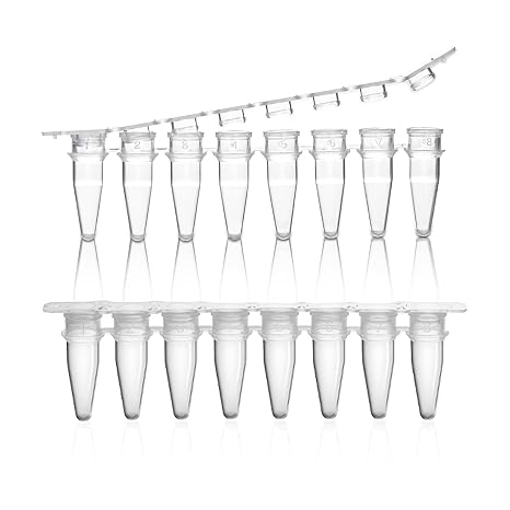 0.2mL PCR Tubes 8-Strip PCR Tubes with Flat Caps Free from DNase and RNase Pack of 125 Strip of 8 PCR Tubes
