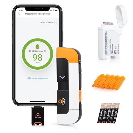 DARIO Smart Glucose Monitor Kit | Lightning Adapter (Compatible with iPhone 14 and earlier) | Test Blood Sugar Levels & Manage Diabetes, Testing Kit Includes: Glucometer with 25 Strips, 10 lancets
