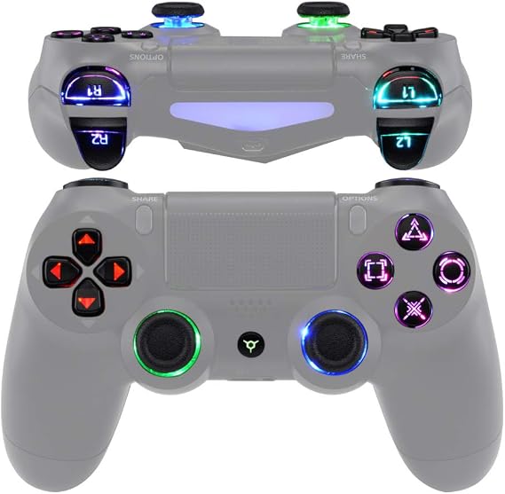 eXtremeRate Multi-Colors Luminated D-pad Thumbstick Trigger Home Face Buttons, Black Classical Symbols Buttons DTFS (DTF 2.0) LED Kit for PS4 Slim Pro Controller - Controller NOT Included