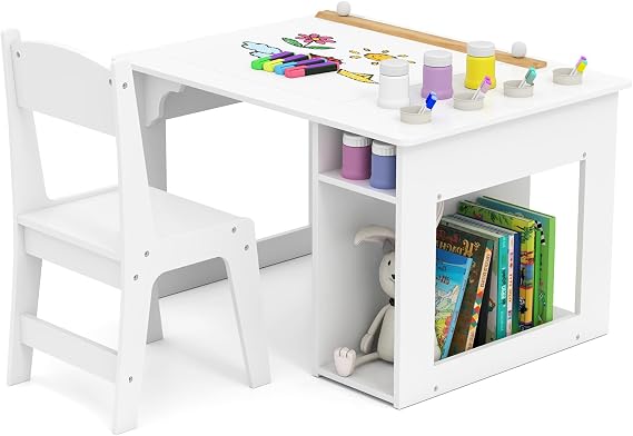 Costzon Kids Art Table and Chair, Wooden Activity Desk Set with a Paper Roll, 4 Paint Cups & 2 Storage Shelves for Drawing, Painting & Crafts, Toddler Table and Chair Set for Kids Room