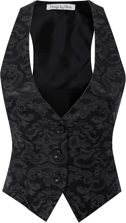 Design by Olivia Women's Waistcoat Tuxedo Vest Vintage Steampunk Dress Racerback Jacquard Jacket