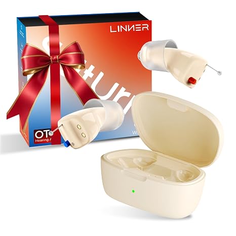 LINNER Saturn OTC Hearing Aids for Senior & Adult, Rechargeable Amplifiers with Comfort Design, Noise Cancellation for Aid & Assist Hearing, Discreet & Nearly Invisible In-Ear Device (Beige)
