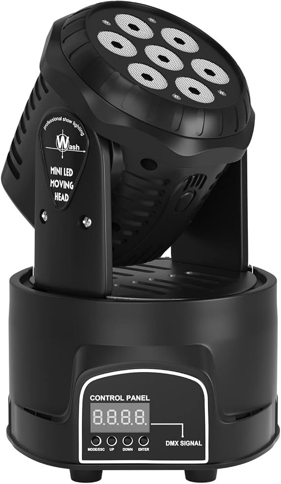 Moving Head Stage Lights, 7x10W RGBW Sound Activated/DMX Lighting, Moving Head Lights for Stage, Home Party, Live, DJ, Bar, Disco