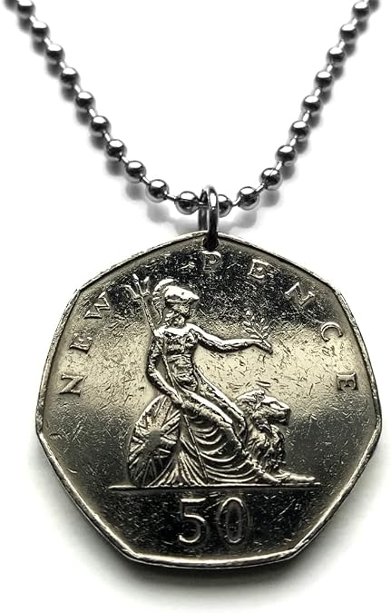 1969 United Kingdom 50 Pence coin pendant Queen Elizabeth British lion Britannia London England Scotland Wales Northern Ireland Belfast Edinburgh Birmingham Cardiff Sheffield Liverpool Glasgow n002389