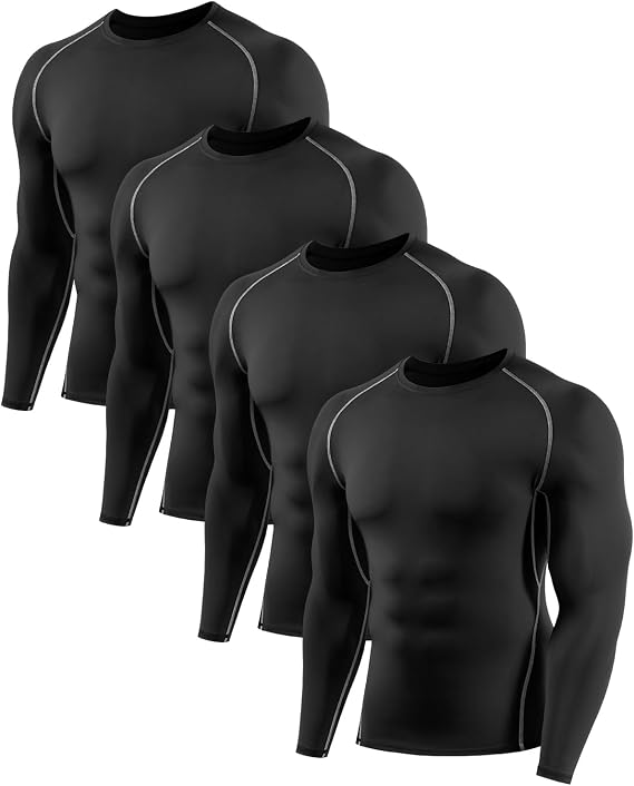 4 Pack Men's Long Sleeve Compression Base Layer Top Quick Dry Long Sleeve Running Top Mens Tight Baselayer Tee Shirts All Season for Running Training