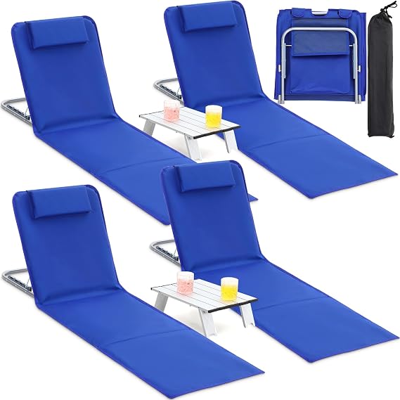 Beeveer 4 Pack Beach Lounge Chaise Chairs with 2 Folding Side Tables Portable Tanning Chair 5 Position Adjustable Lightweight for Sunbathing, Outdoor Yard, Lawn,Camping(Deep Blue)